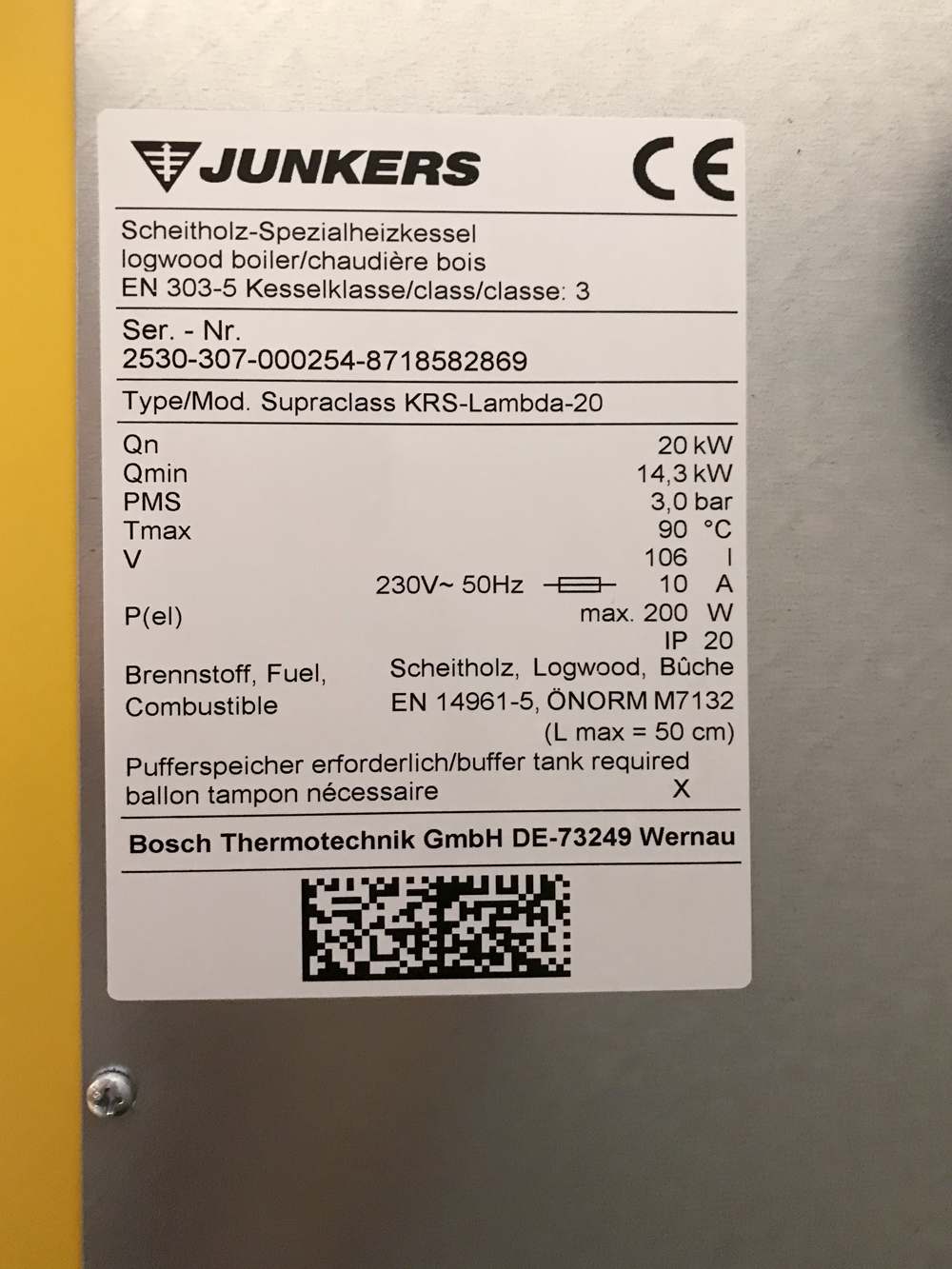 Festbrennstoffkessel Junkers Supraclass SW - Typenschild